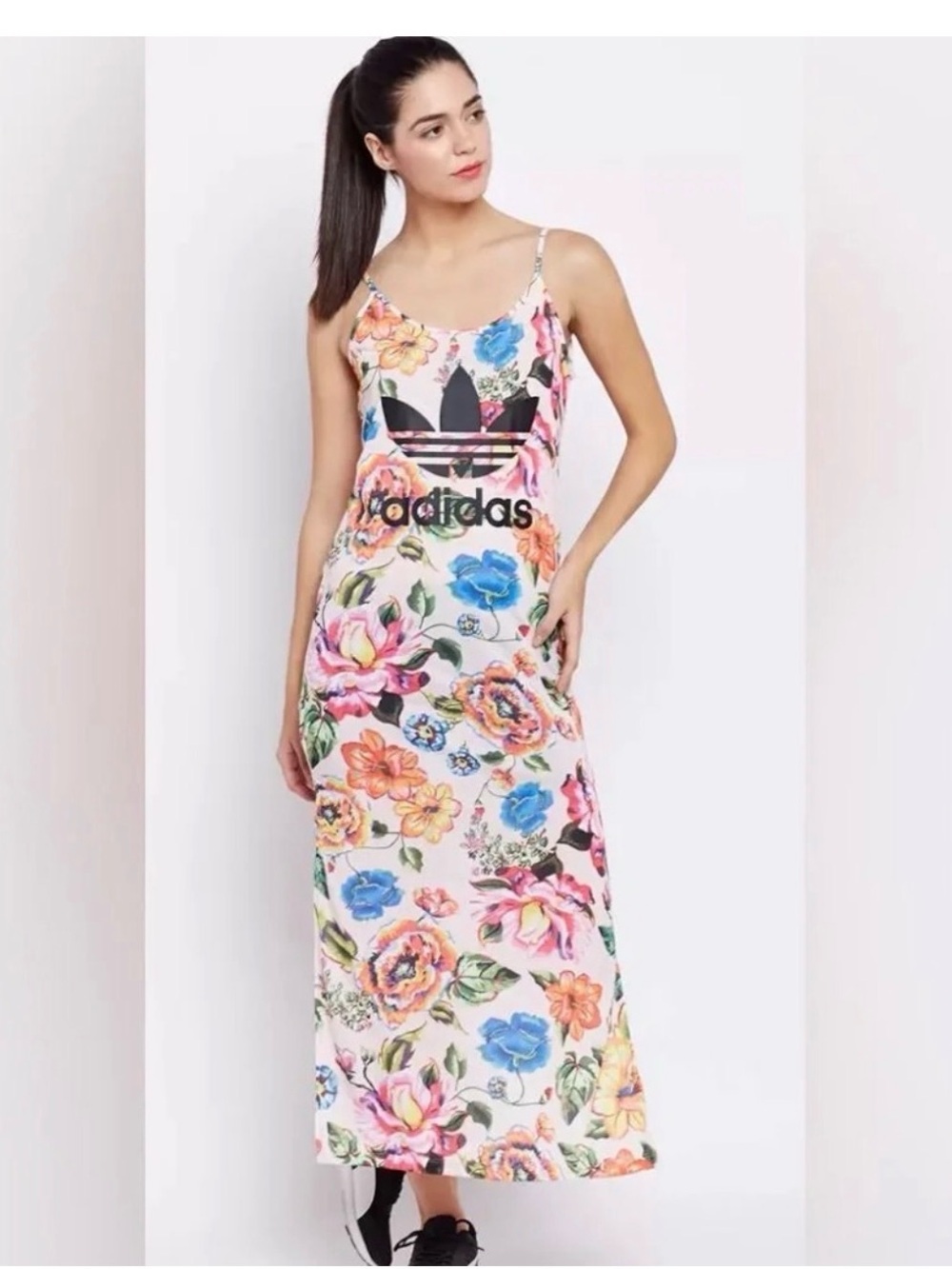 adidas Floral Spaghetti-Strap Maxi Dress in Pink